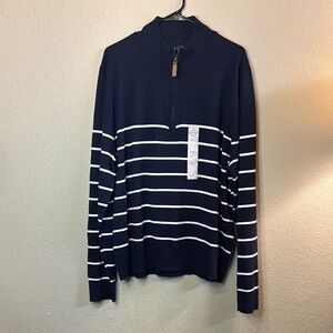 New St. John's Bay Sweater Men’s Blue & White Stripe Quarter Zip Casual Knit XXL